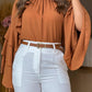 Gathered Round Neck Multi Layer Ruffles Bell Sleeve Blouse Casual Hollow out Back Loose Top