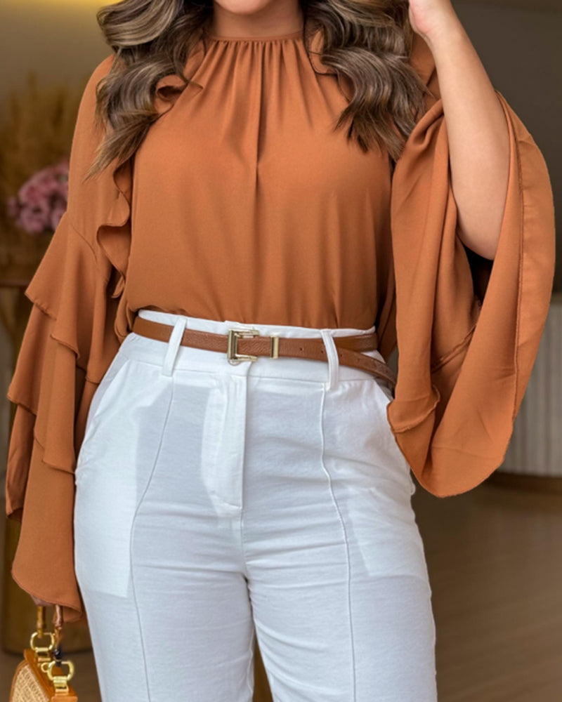 Gathered Round Neck Multi Layer Ruffles Bell Sleeve Blouse Casual Hollow out Back Loose Top