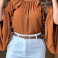 Gathered Round Neck Multi Layer Ruffles Bell Sleeve Blouse Casual Hollow out Back Loose Top