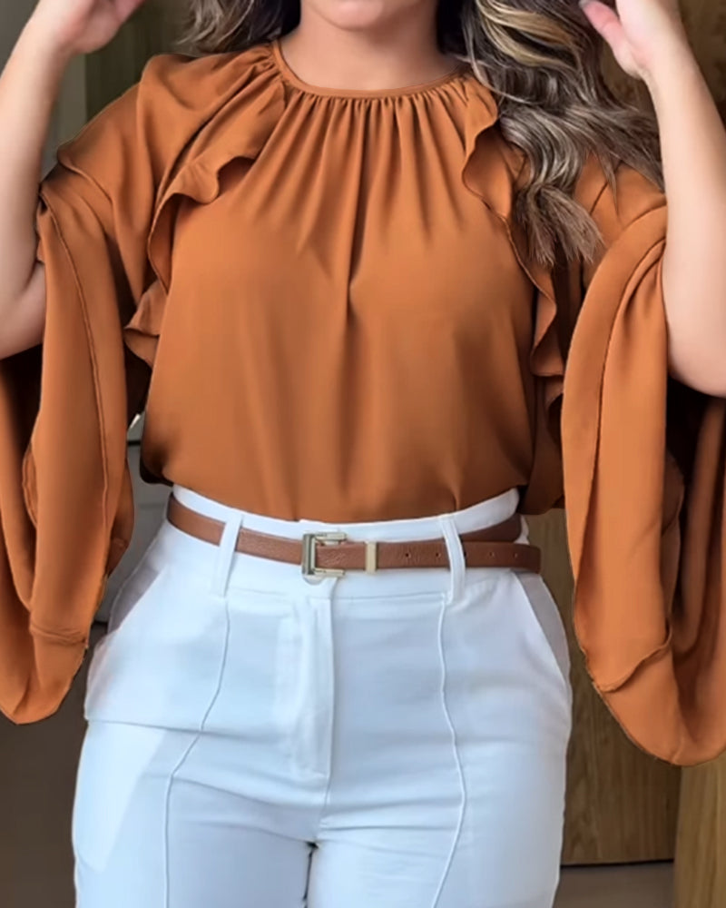 Gathered Round Neck Multi Layer Ruffles Bell Sleeve Blouse Casual Hollow out Back Loose Top