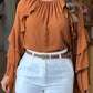 Gathered Round Neck Multi Layer Ruffles Bell Sleeve Blouse Casual Hollow out Back Loose Top