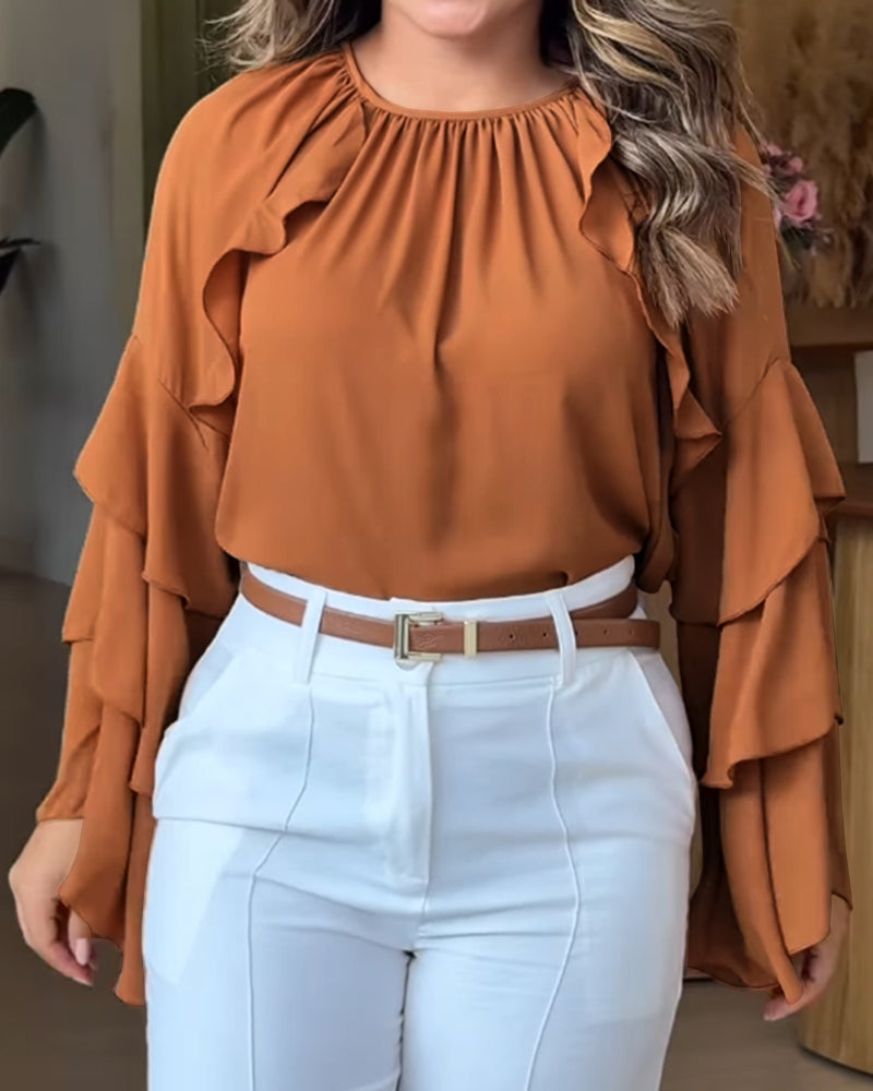 Gathered Round Neck Multi Layer Ruffles Bell Sleeve Blouse Casual Hollow out Back Loose Top