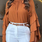 Gathered Round Neck Multi Layer Ruffles Bell Sleeve Blouse Casual Hollow out Back Loose Top