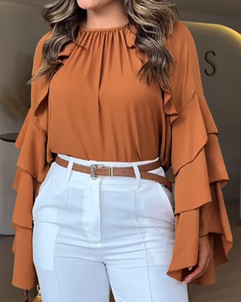 Gathered Round Neck Multi Layer Ruffles Bell Sleeve Blouse Casual Hollow out Back Loose Top