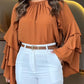 Gathered Round Neck Multi Layer Ruffles Bell Sleeve Blouse Casual Hollow out Back Loose Top
