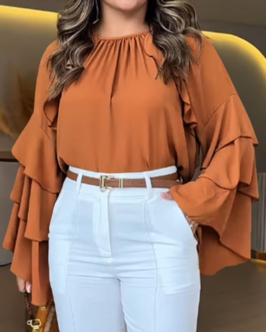 Gathered Round Neck Multi Layer Ruffles Bell Sleeve Blouse Casual Hollow out Back Loose Top