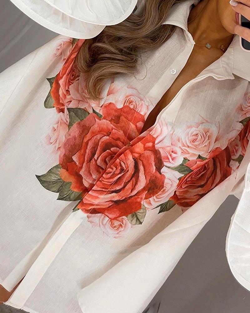 Floral Print Turn down Collar Bell Sleeve Front Button Blouse Vacation Shirt