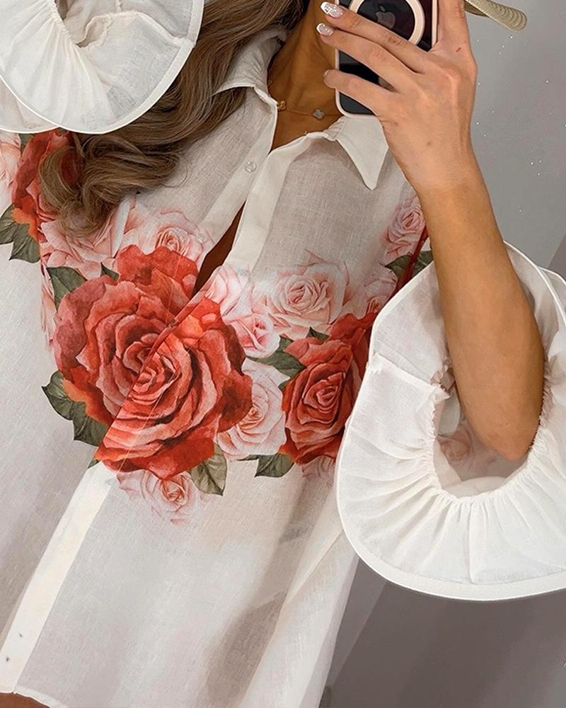 Floral Print Turn down Collar Bell Sleeve Front Button Blouse Vacation Shirt
