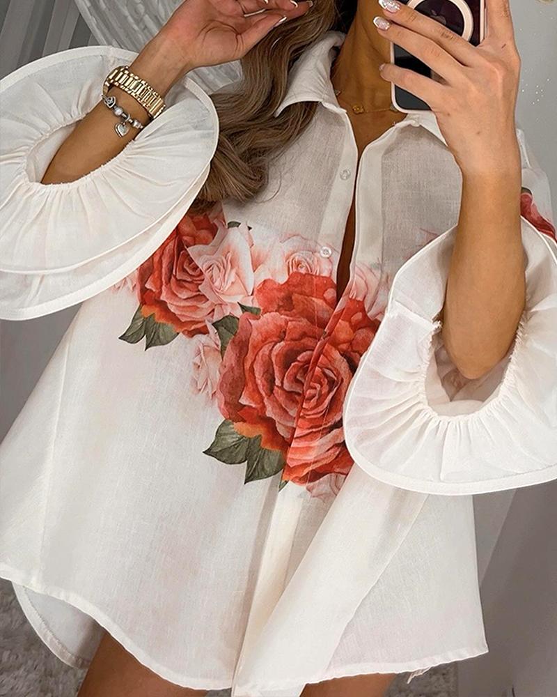 Floral Print Turn down Collar Bell Sleeve Front Button Blouse Vacation Shirt