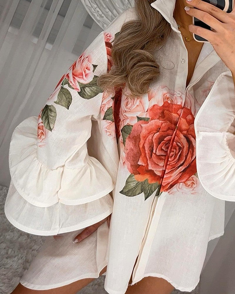 Floral Print Turn down Collar Bell Sleeve Front Button Blouse Vacation Shirt