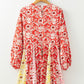 Red Colorful Floral Patchwork Long Sleeve Pleated Mini Dress