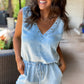 Beau Blue Studded V Neck Raw Hem Sleeveless Denim Romper