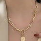 Gold Plated Vintage Carved Coin Pendant Chain Necklace