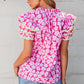 Pink Floral Contrast Ric Rac Layered Ruffle Sleeve Blouse