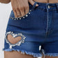 Rhinestone Heart Pattern Denim Shorts Casual Pocket Design Shorts