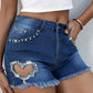Rhinestone Heart Pattern Denim Shorts Casual Pocket Design Shorts