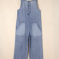 Stone Blue Washed Denim Half Buttons Patched Pocket Wide Leg Overalls