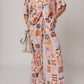 Orange Plant Checkered Print Collared Shirt and Wide Leg Pants Set