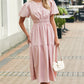 Pink Puff Sleeve Pleated High Waist Flowy Long Dress