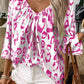 Rose Leopard Print Ruched V Neck 3/4 Sleeve Blouse
