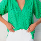 Green Flower Embroidered Hollow-out Puff Sleeve Blouse