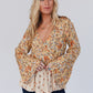 Yellow Printed Floral Bell Sleeve V Neck Wrapped Contrast Peplum Blouse