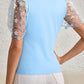 Beau Blue Floral Mesh Puff Sleeve Crew Neck Top
