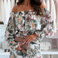 2 Pieces Outfit Floral Print Elastic Off Shoulder Hem Ruffle cuffs Shirred Top and Casual Elastic Waist Pleated Skirt Set With Lining(Without Belt)