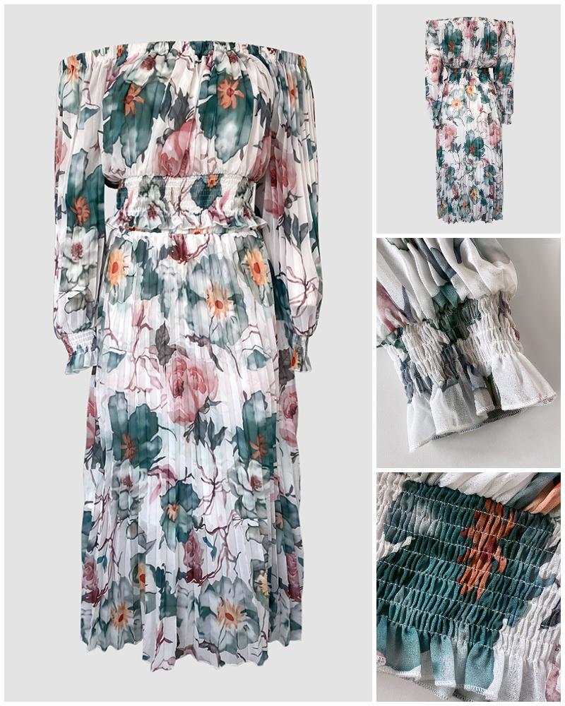 2 Pieces Outfit Floral Print Elastic Off Shoulder Hem Ruffle cuffs Shirred Top and Casual Elastic Waist Pleated Skirt Set With Lining(Without Belt)