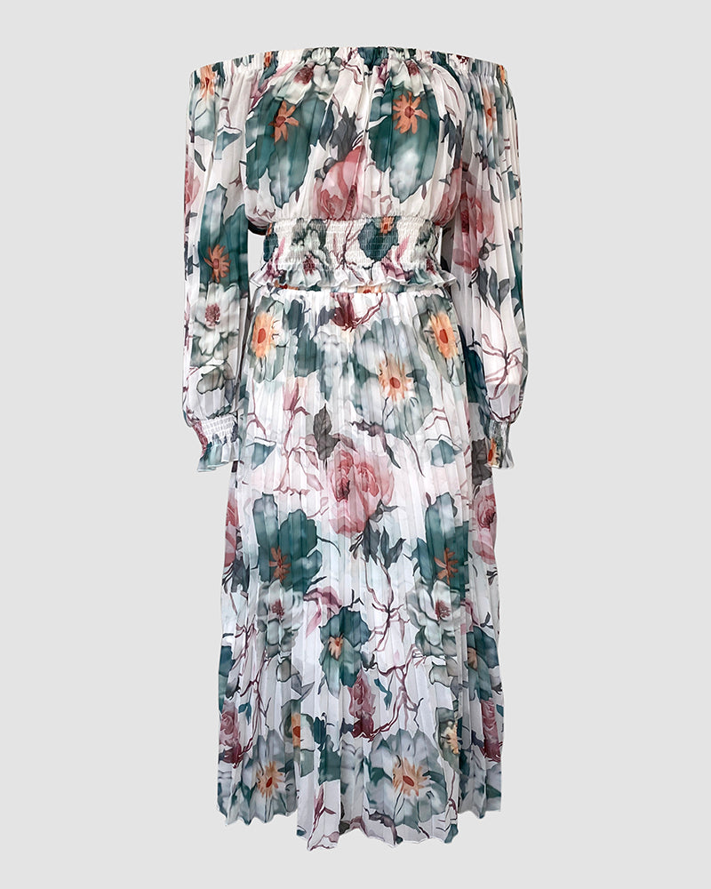 2 Pieces Outfit Floral Print Elastic Off Shoulder Hem Ruffle cuffs Shirred Top and Casual Elastic Waist Pleated Skirt Set With Lining(Without Belt)