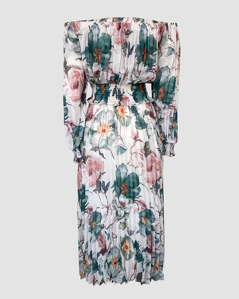 2 Pieces Outfit Floral Print Elastic Off Shoulder Hem Ruffle cuffs Shirred Top and Casual Elastic Waist Pleated Skirt Set With Lining(Without Belt)