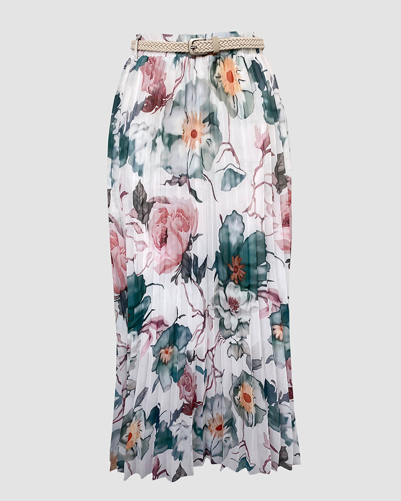 2 Pieces Outfit Floral Print Elastic Off Shoulder Hem Ruffle cuffs Shirred Top and Casual Elastic Waist Pleated Skirt Set With Lining(Without Belt)