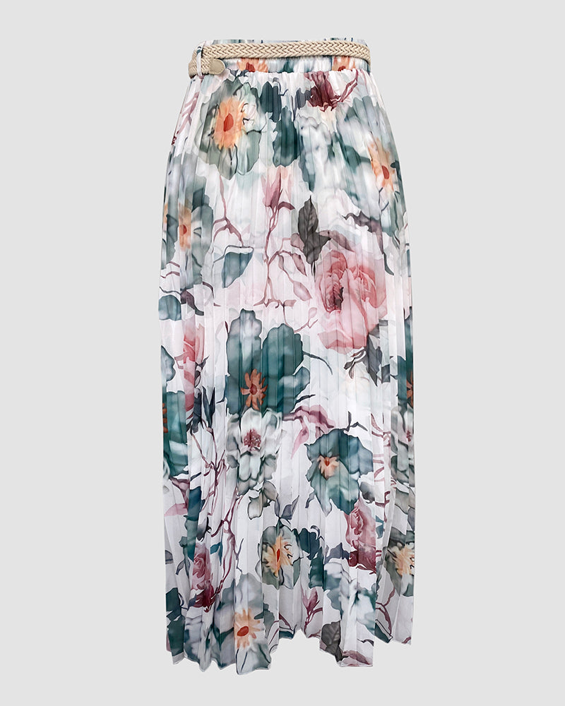 2 Pieces Outfit Floral Print Elastic Off Shoulder Hem Ruffle cuffs Shirred Top and Casual Elastic Waist Pleated Skirt Set With Lining(Without Belt)