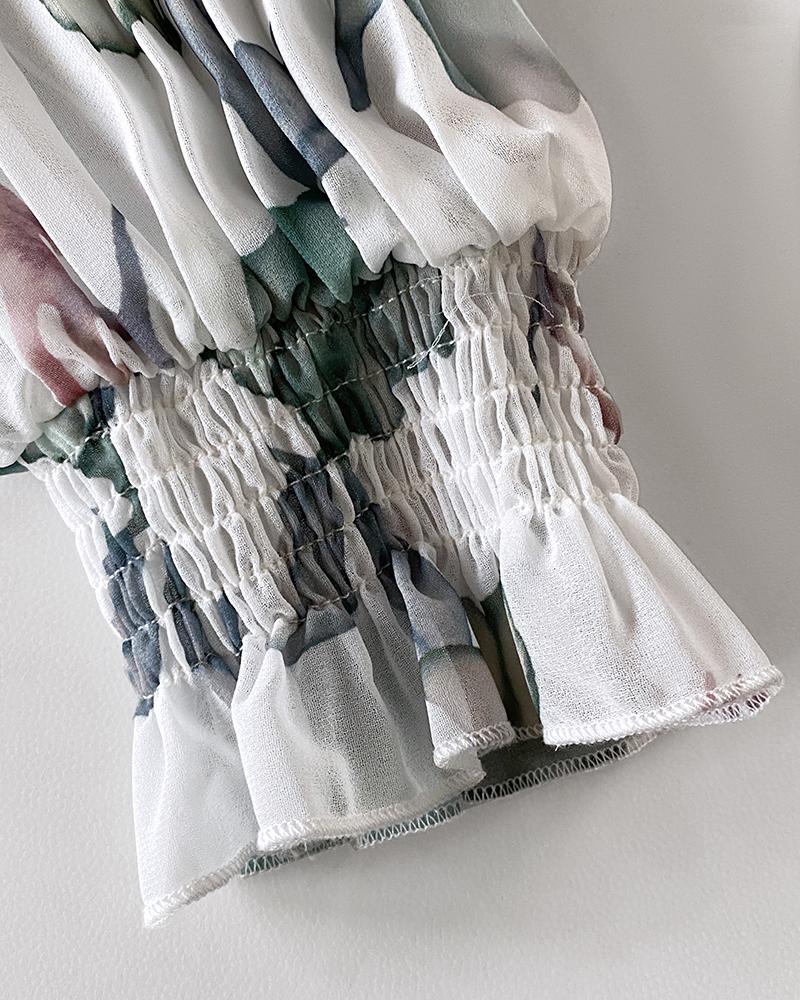 2 Pieces Outfit Floral Print Elastic Off Shoulder Hem Ruffle cuffs Shirred Top and Casual Elastic Waist Pleated Skirt Set With Lining(Without Belt)