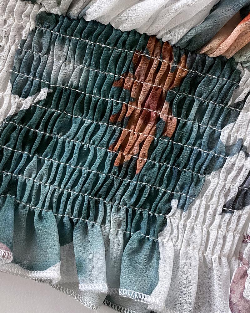 2 Pieces Outfit Floral Print Elastic Off Shoulder Hem Ruffle cuffs Shirred Top and Casual Elastic Waist Pleated Skirt Set With Lining(Without Belt)