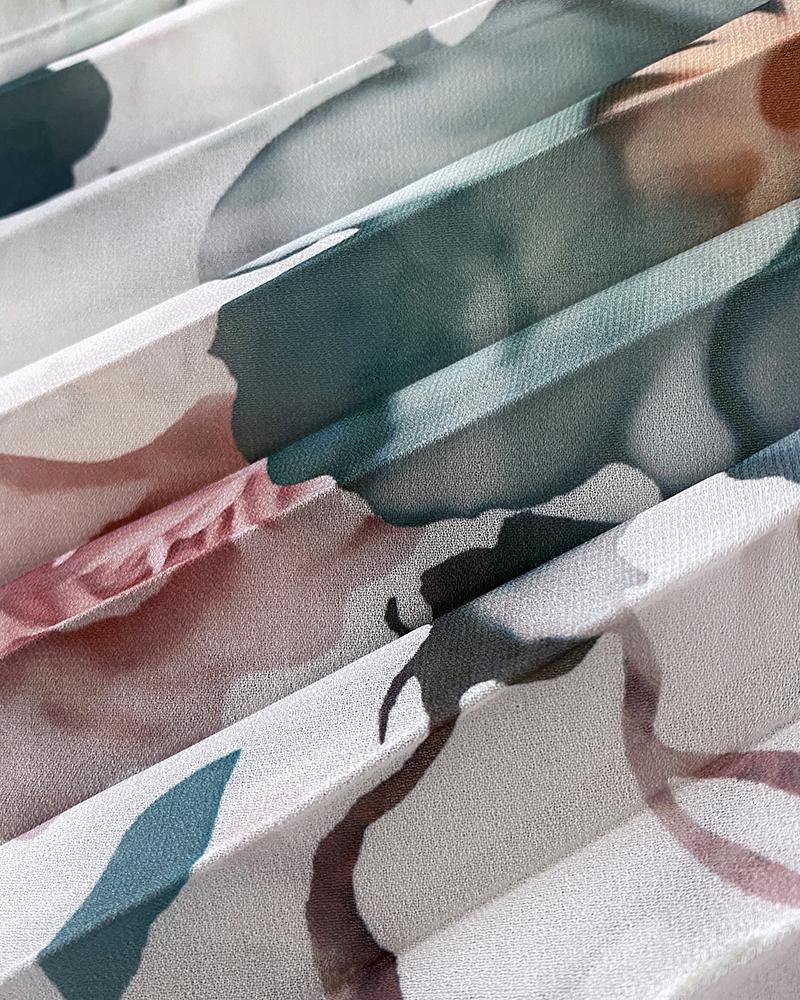 2 Pieces Outfit Floral Print Elastic Off Shoulder Hem Ruffle cuffs Shirred Top and Casual Elastic Waist Pleated Skirt Set With Lining(Without Belt)