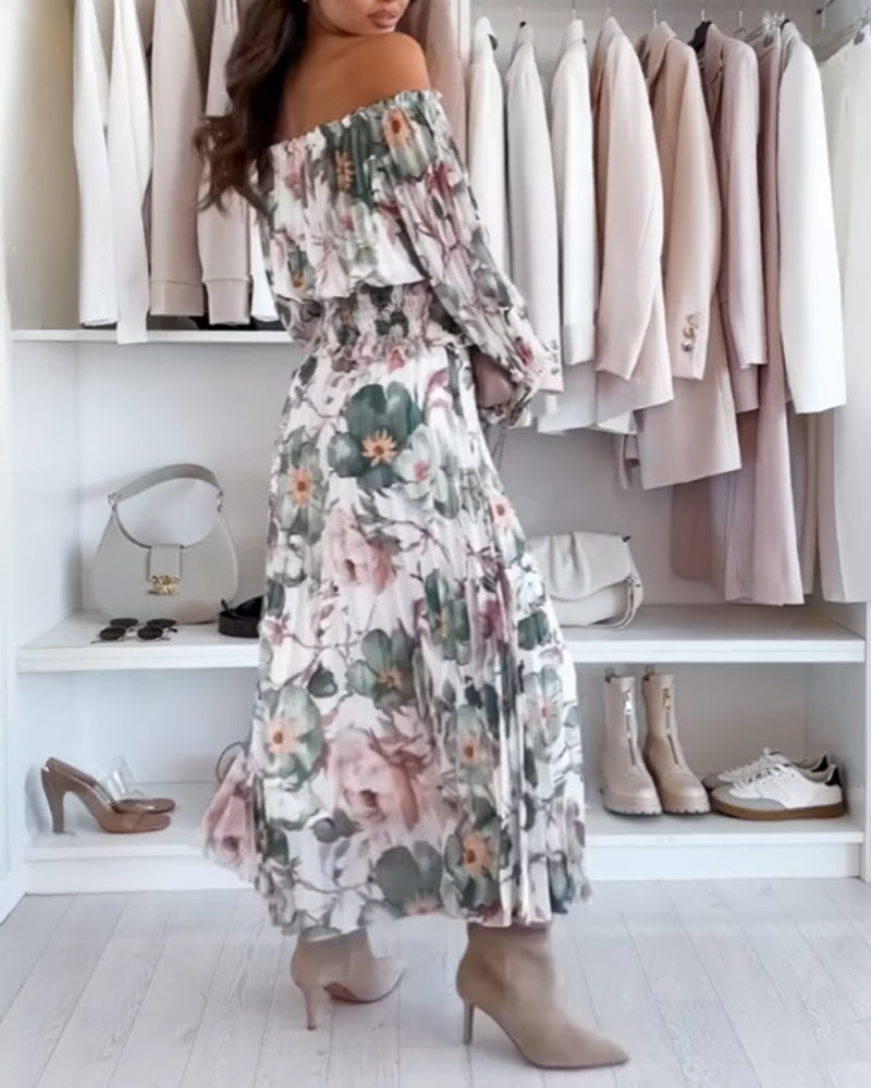 2 Pieces Outfit Floral Print Elastic Off Shoulder Hem Ruffle cuffs Shirred Top and Casual Elastic Waist Pleated Skirt Set With Lining(Without Belt)
