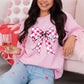 Pink Checkerboard Bow Graphic Round Neck Valentines Sweatshirt