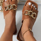 Chestnut Metal Chain Decor Square Toe Faux Leather Slippers