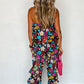 Red Mix Tropical Print Strapless Ruffled Jumpsuit