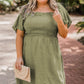 Grass Green Frilly Square Neck Flutter Sleeve Smocked High Waist Plus Size Dress