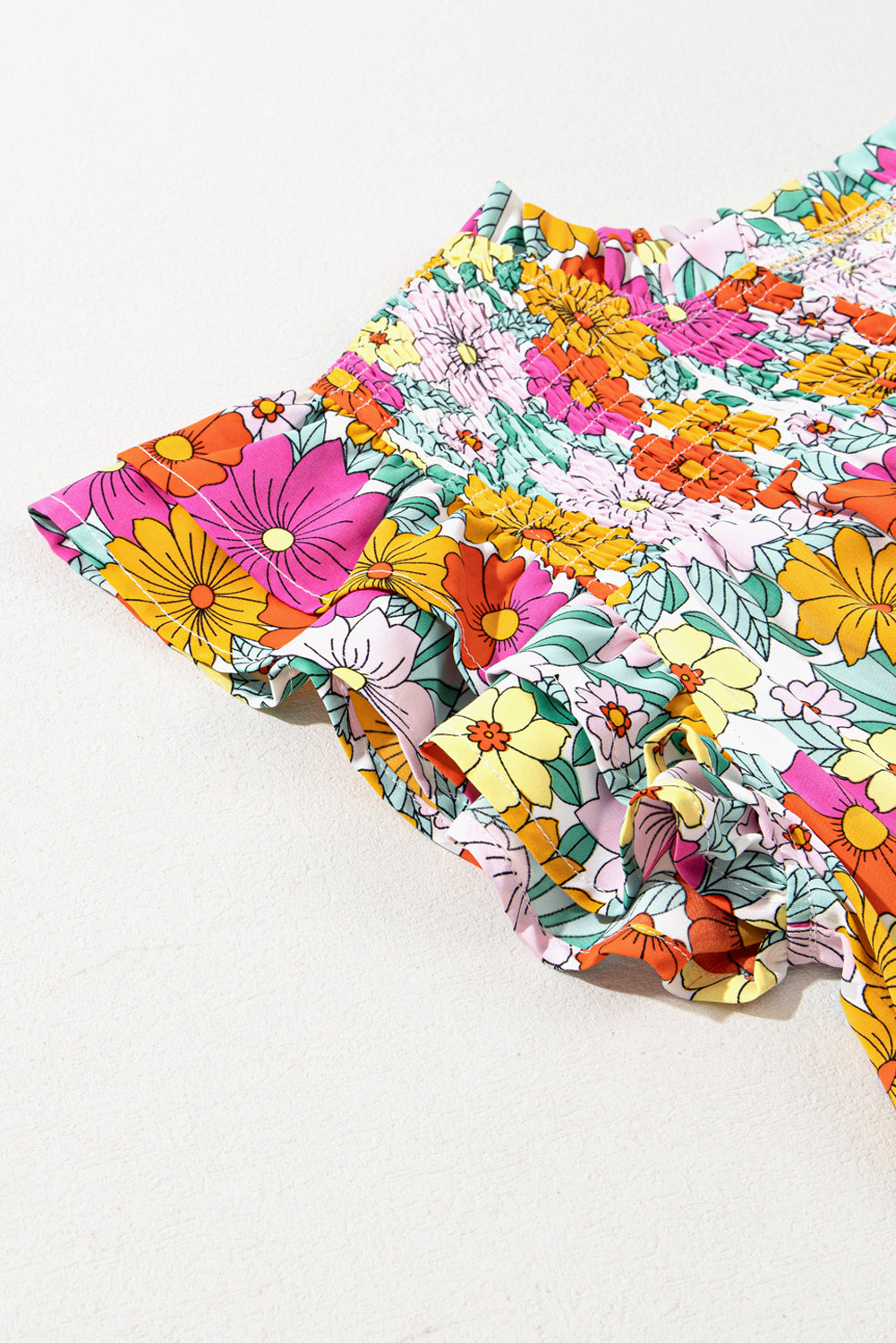 Sky Blue Floral Print Smocked Notch V Neck Flutter Sleeve Mini Dress