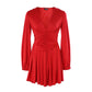 Plunge Neck Ruched A Line Flowy Dress Long Sleeve Casual Dress