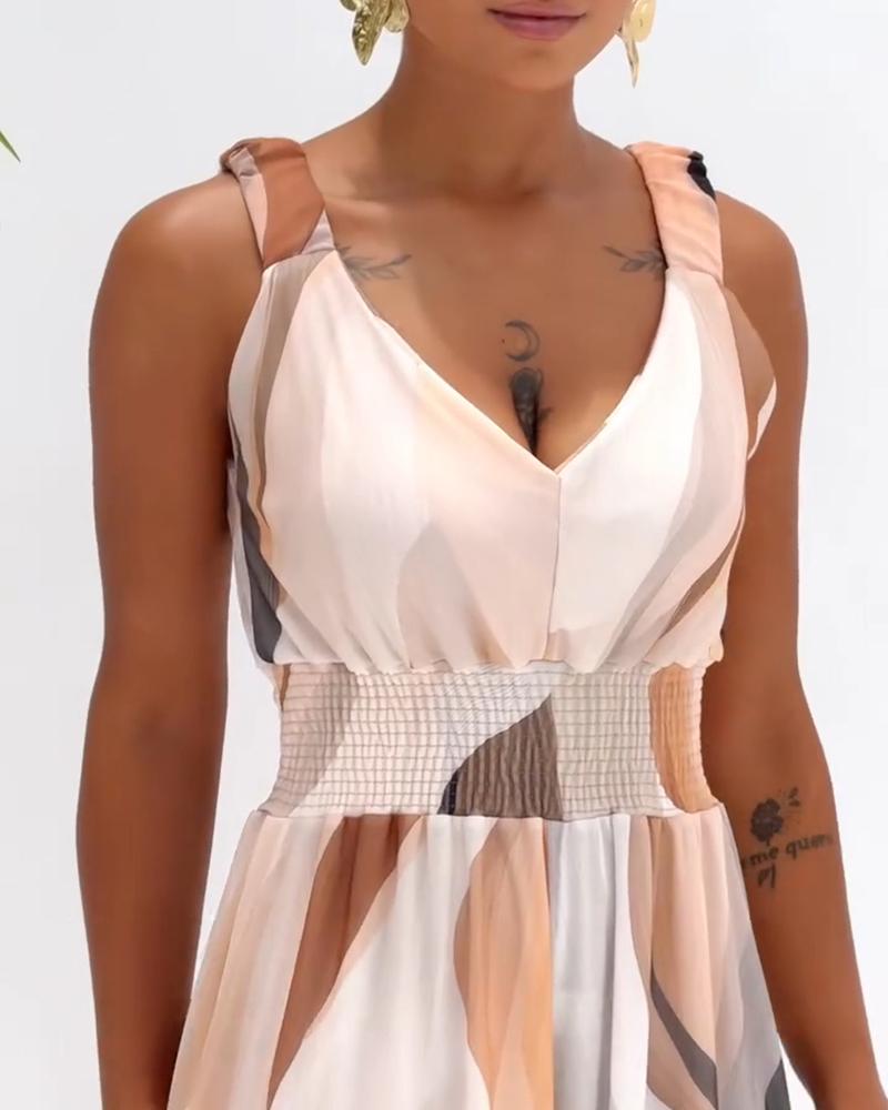 Colorblock V Neck Ruched Strap Sleeveless Jumpsuit Casual Waist Shirred Wide Leg Romper