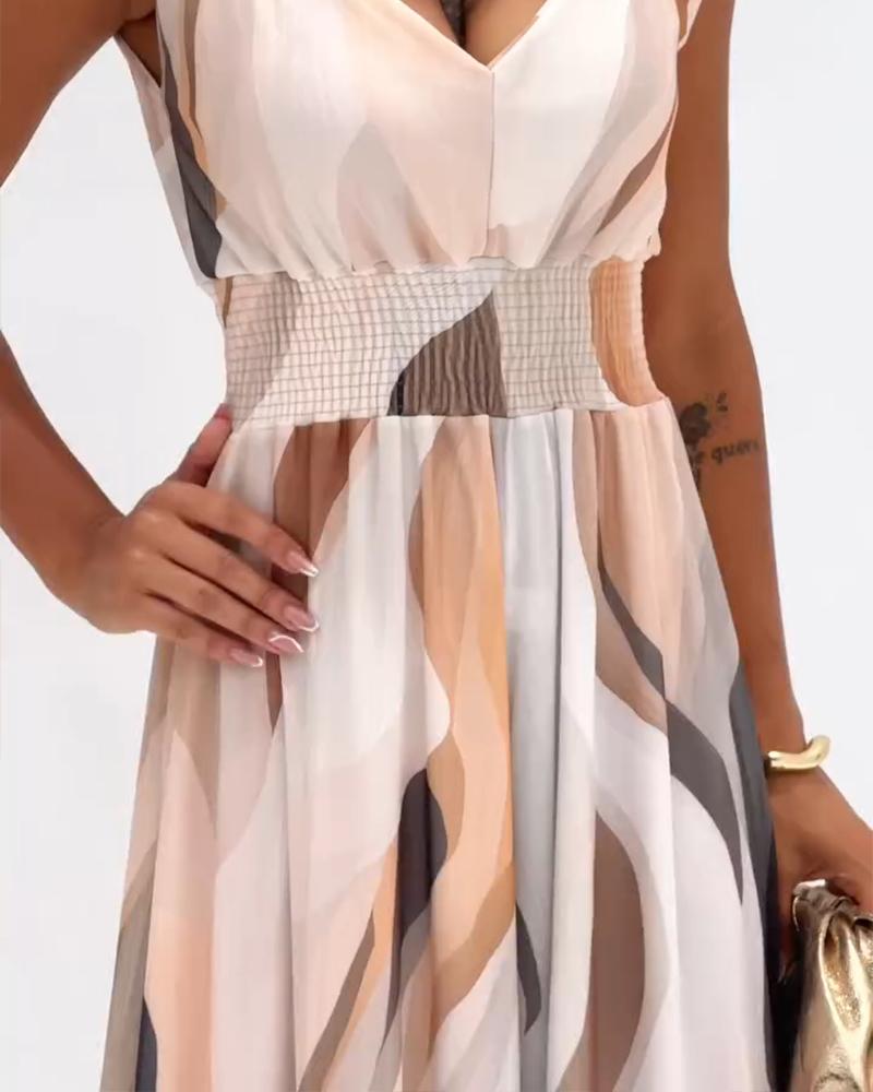 Colorblock V Neck Ruched Strap Sleeveless Jumpsuit Casual Waist Shirred Wide Leg Romper