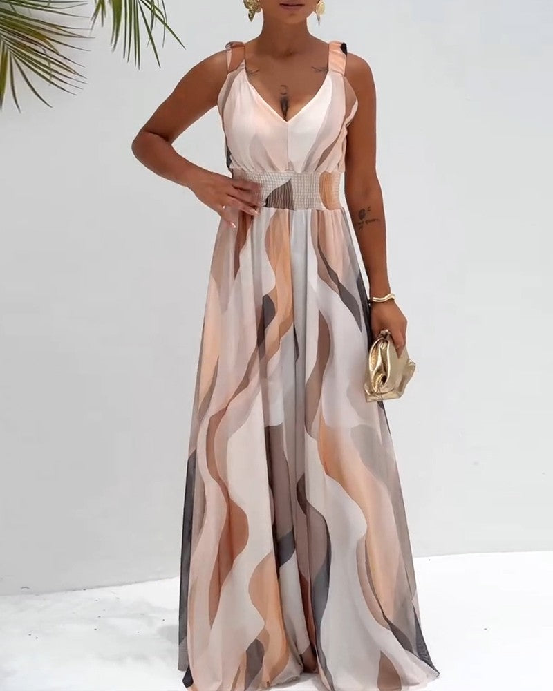 Colorblock V Neck Ruched Strap Sleeveless Jumpsuit Casual Waist Shirred Wide Leg Romper