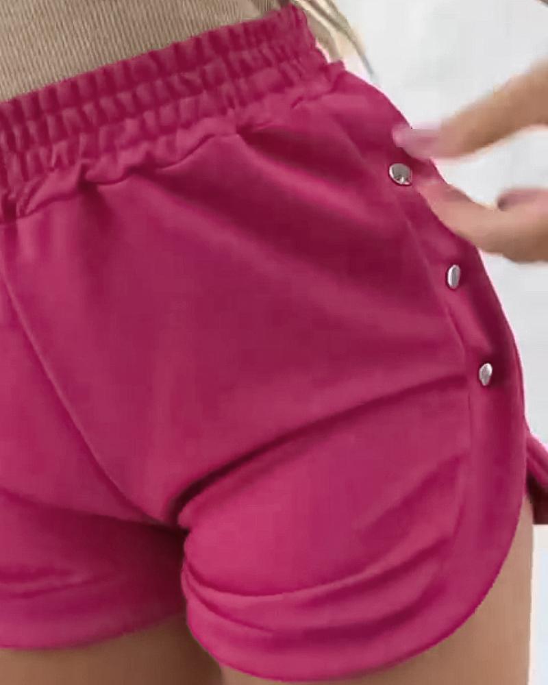 Side Metal Button Slit Active Shorts Casual Strechy Waist Sports Shorts