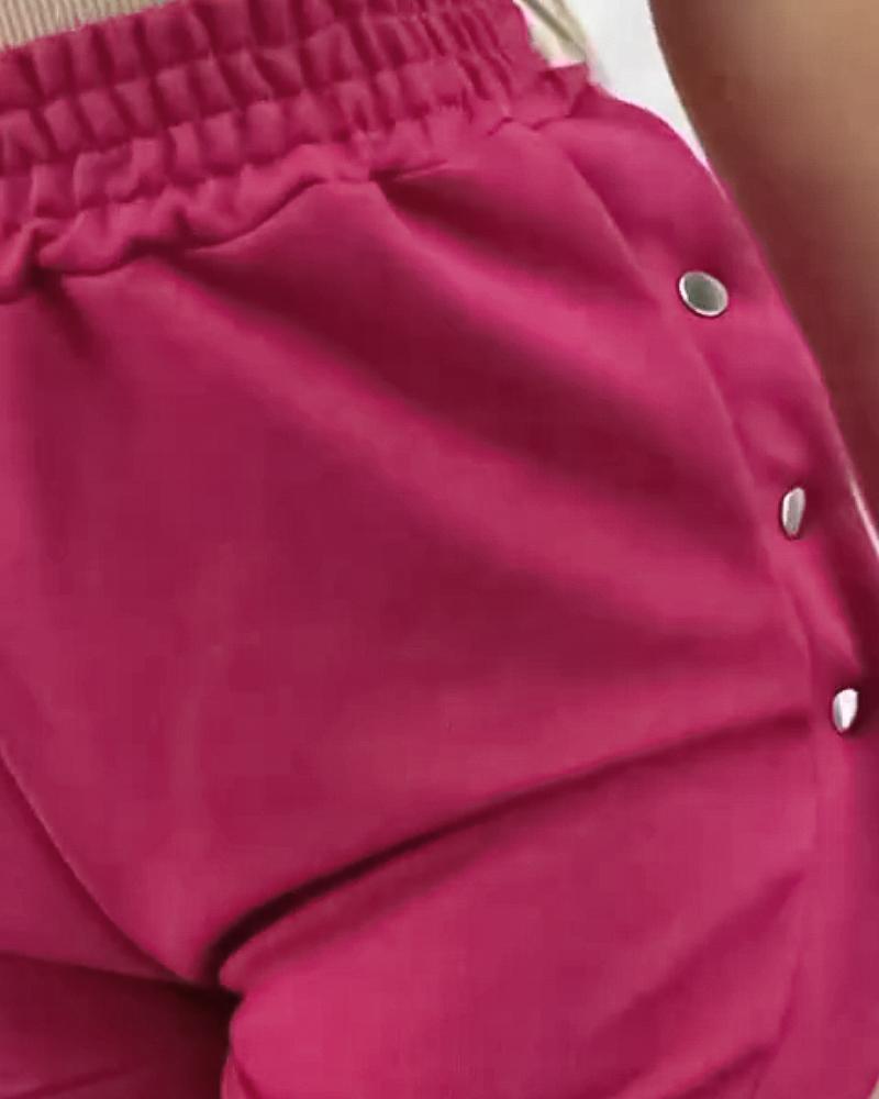 Side Metal Button Slit Active Shorts Casual Strechy Waist Sports Shorts