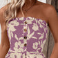 Floral Print Bandeau Shirred Rompers Casual Button Decor Tied Waist Short Jumpsuit
