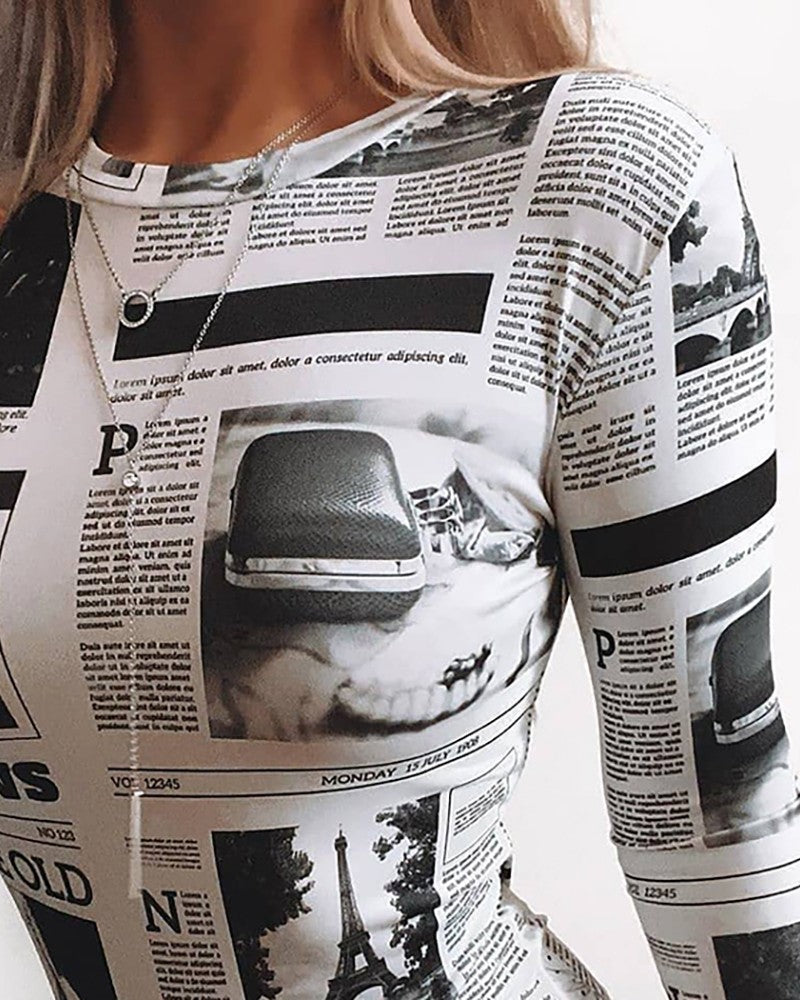 Newspaper Print Long Sleeve Bodysuit